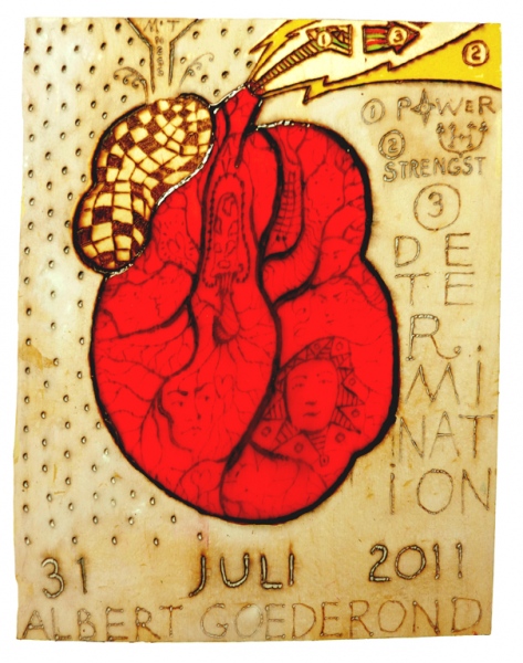 'Mon Coeur&rsquo;.&nbsp;Pyrografie, multiplex, acryl paint.&nbsp;29 x 38 x 0,4 cm. 2011.